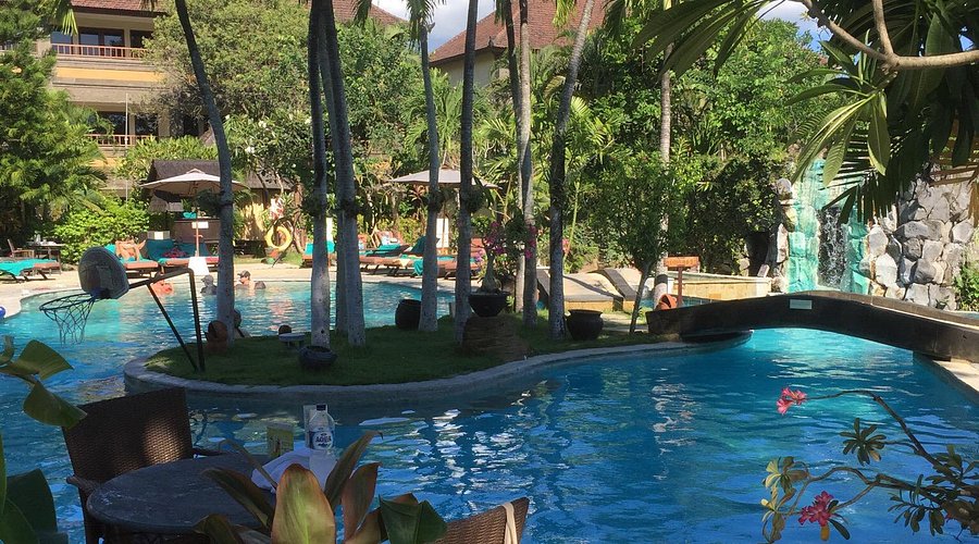 Pool surrounded by tropical greenery and timber structures at Villa Lumbung Temesi, Gianyar