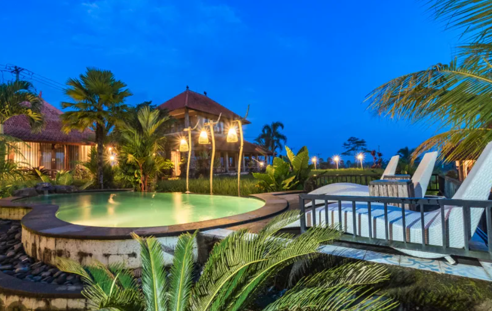 Aerial view of the Taro Hotel – Villa & Spa resort with pools and villas in Gianyar