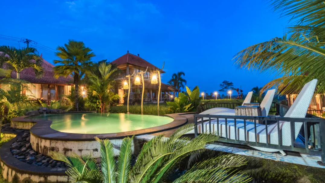Aerial view of the Taro Hotel – Villa & Spa resort with pools and villas in Gianyar