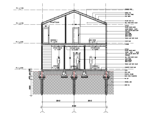 Architectural cross-section drawing of Padonan Villa