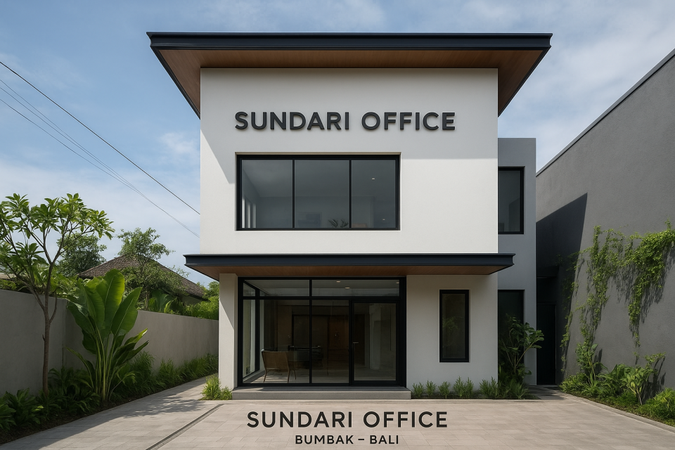 Exterior of the Sundari Office building with signage in Bumbak, Bali