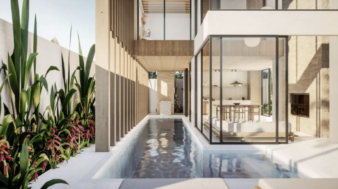 Villa living area opening onto a pool courtyard at Makalu Villa, Umalas