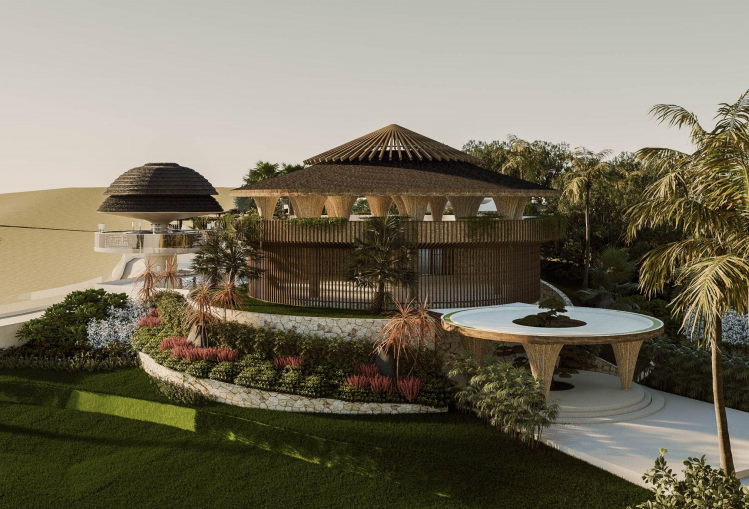 Visualization of Klingking Beach Club with a domed thatched roof and a cliff-side pool