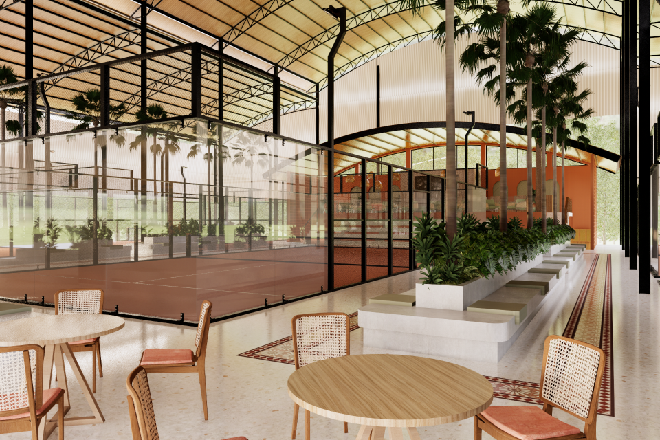 Interior visualization of the Padel Salvajae lounge and dining area with a pergola roof