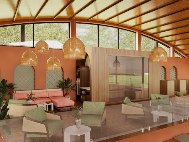 Interior visualization of the Padel Salvajae lounge with arched brickwork and seating