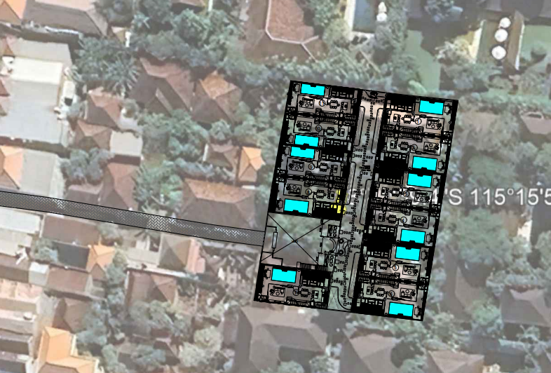 Aerial view of the completed Maison Aela villas with private pools in Sanur, Bali