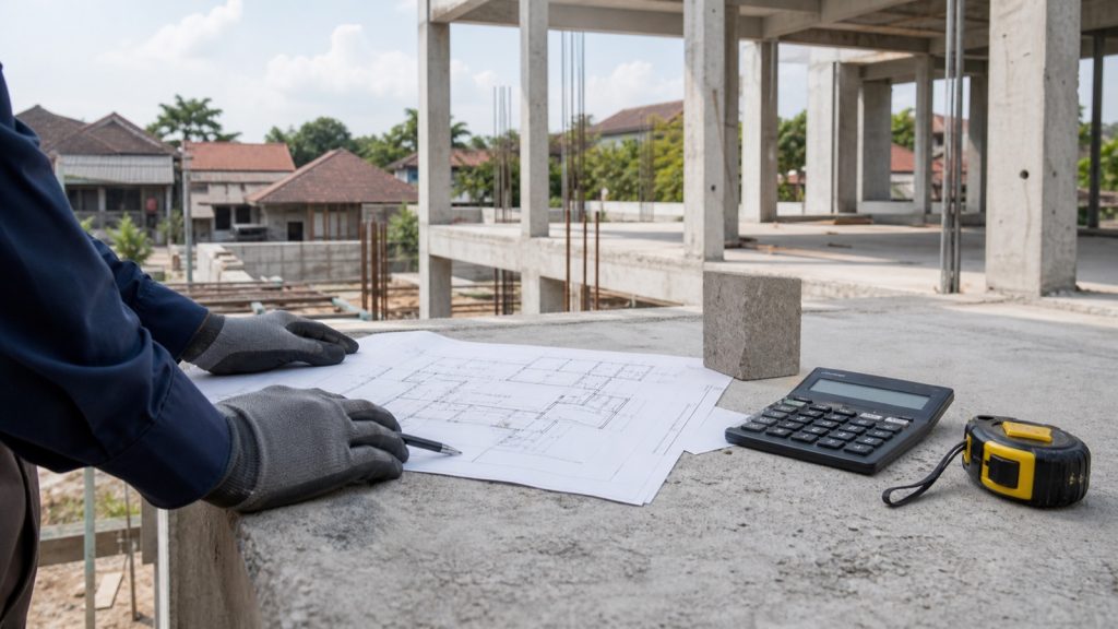 Quantity surveyor calculating concrete volume at a residential construction site
