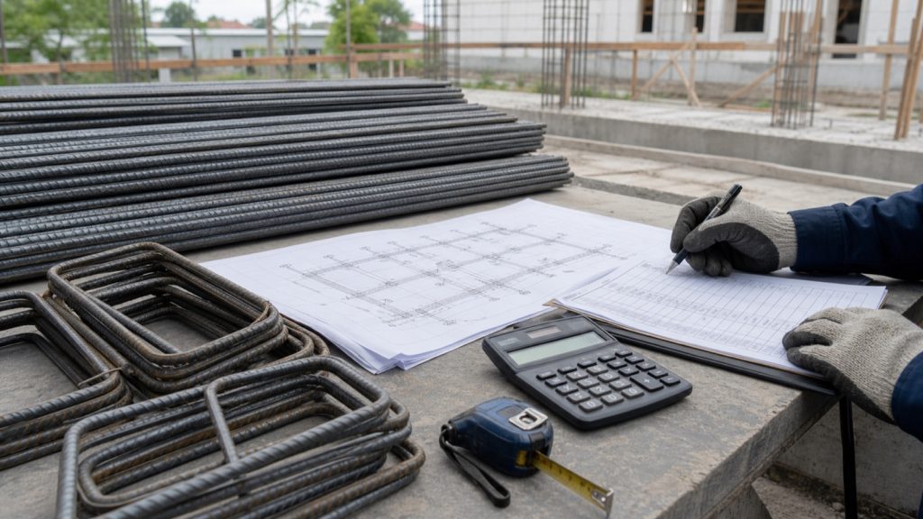 Reinforcement bars, stirrups, structural drawing and bar bending schedule calculation